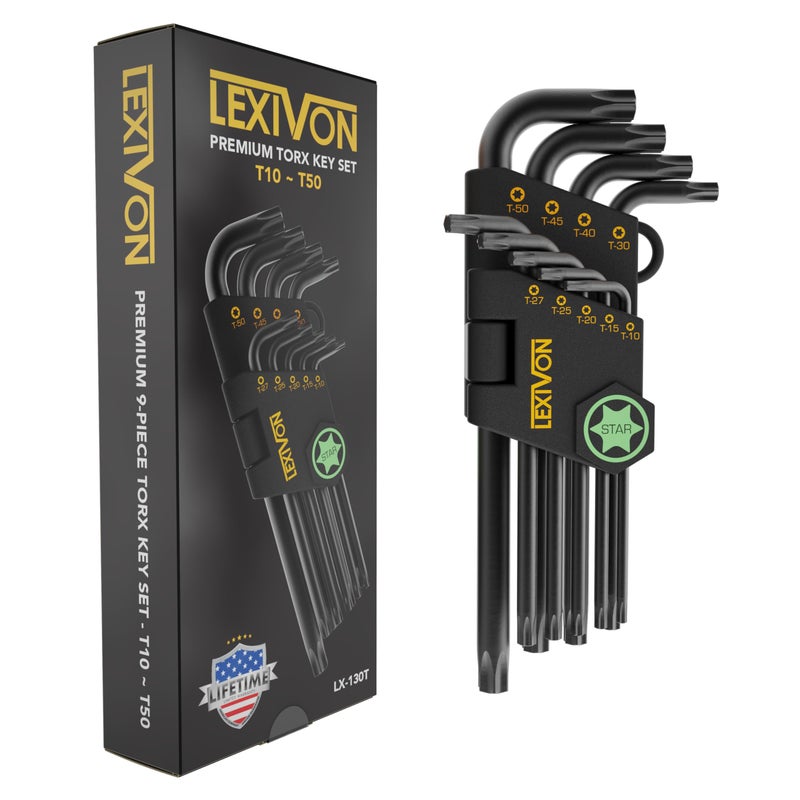 LEXIVON Torx Wrench Set  9-Piece Premium Star Keys  L-Shaped Long Arm Design  Sizes T10 to T50  Industrial-Grade S2 Alloy Steel (LX-130T)